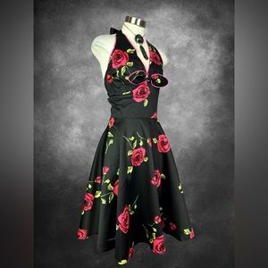 Voodoo Vixen Pinup 60s Roses Hslter Flare Black Dress S